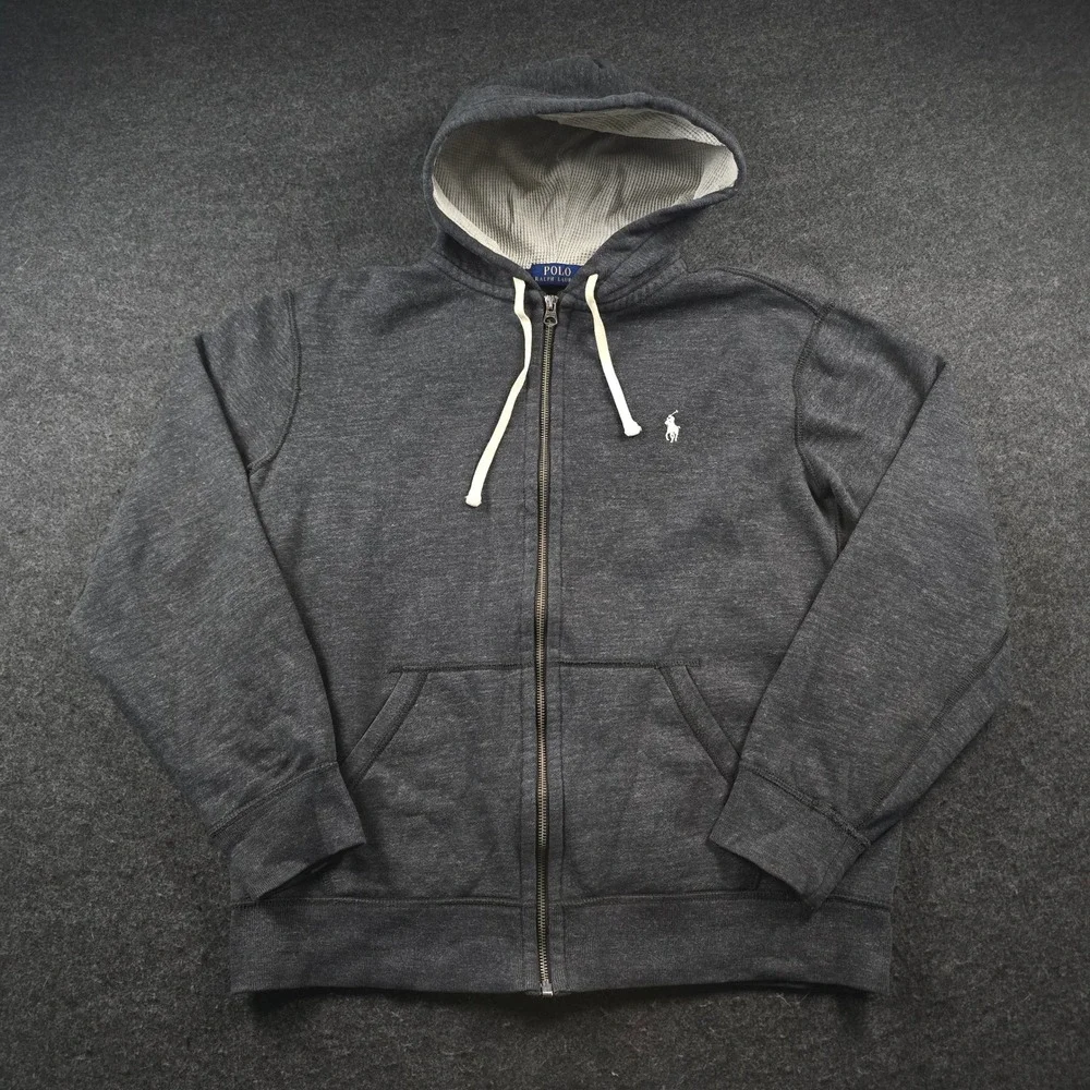 Polo Ralph Lauren Dark Gray Full Zip Hoodie Waffle Lined Hood Minimalist Men's M